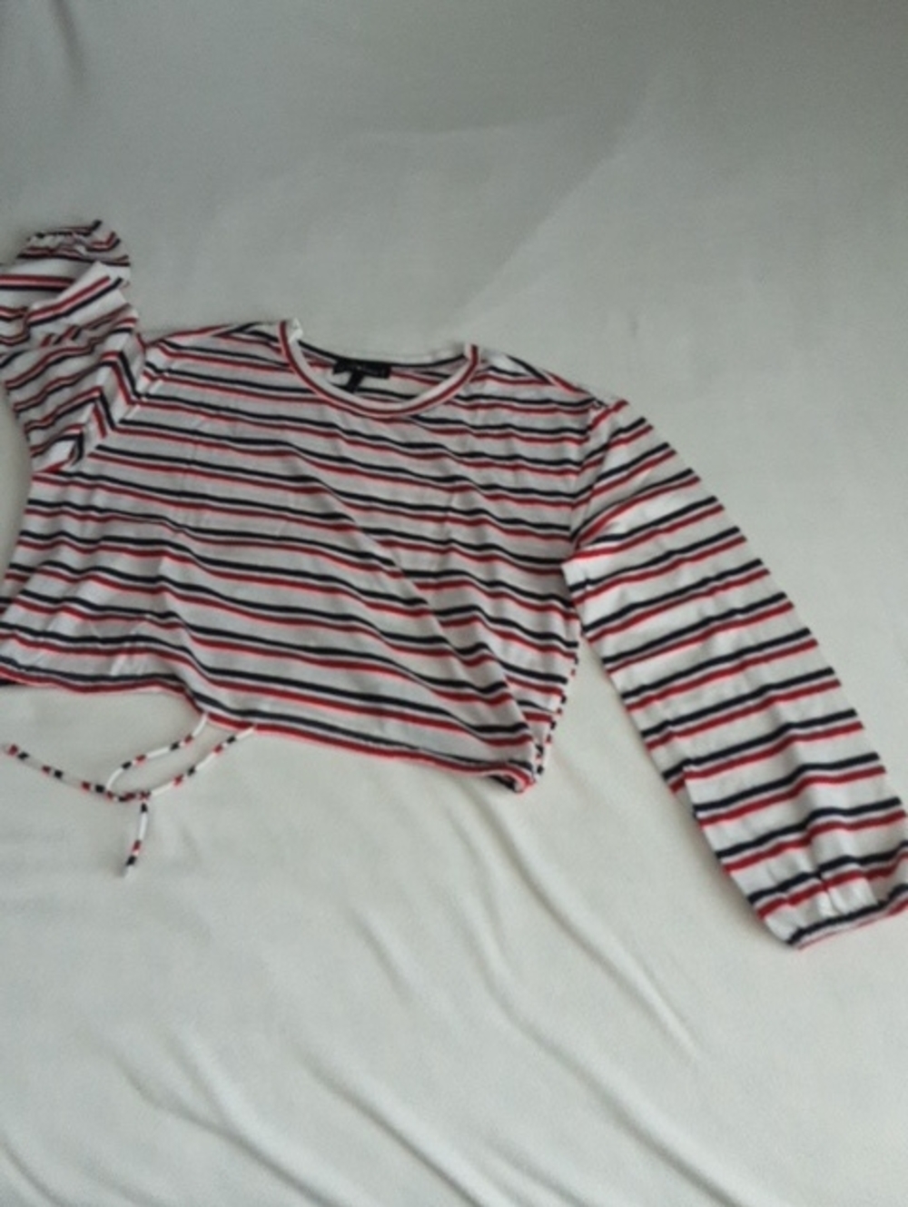 Derek Heart 3 Women White Red Black Striped Long-Sleeve Drawcord Crop Top NW Out